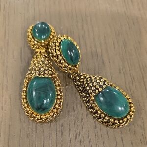 Gold-Tone Earrings with Emerald Green Cabochons